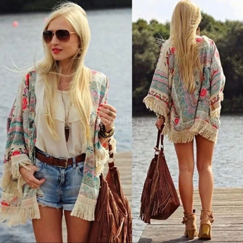 Multi-Colored Kimono with Fringe